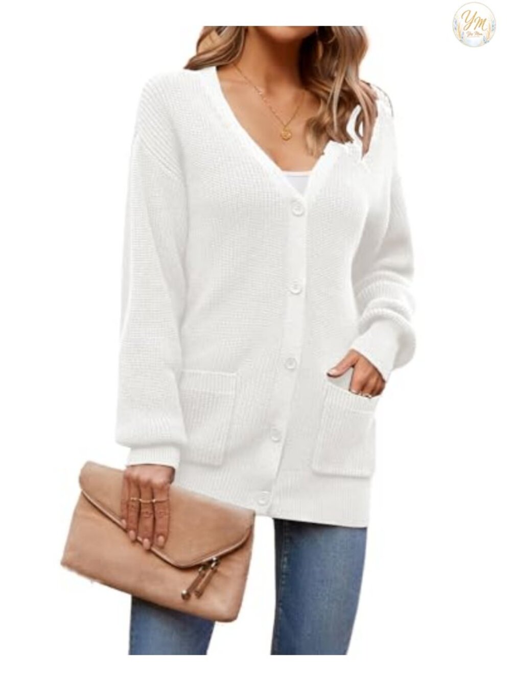 100% Cotton Cardigan Sweater with Pockets Oversized Button Front Knit - Picture 5 of 6